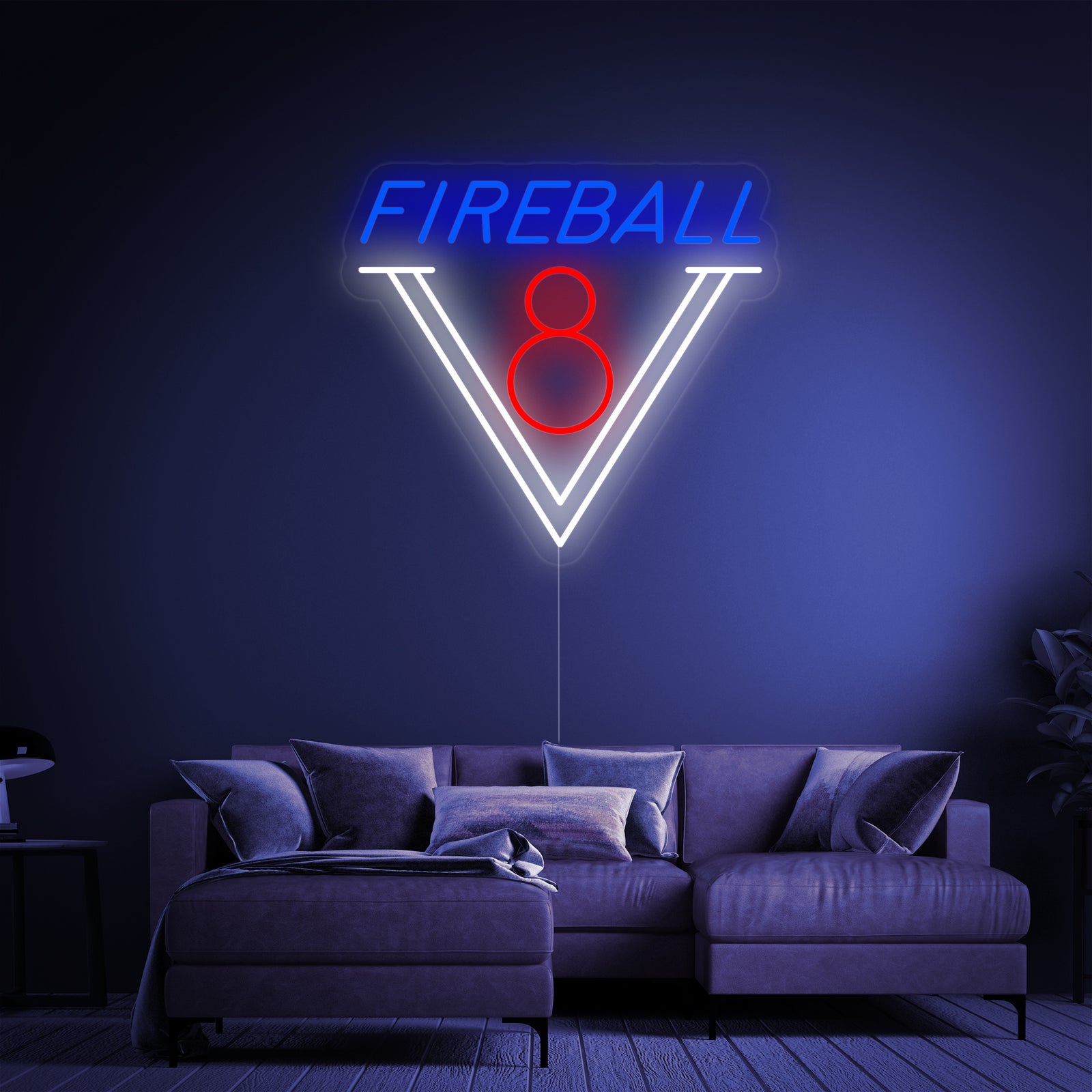 A detailed view of the 1950s Fireball V8 Car neon sign featuring retro car graphics and typography.