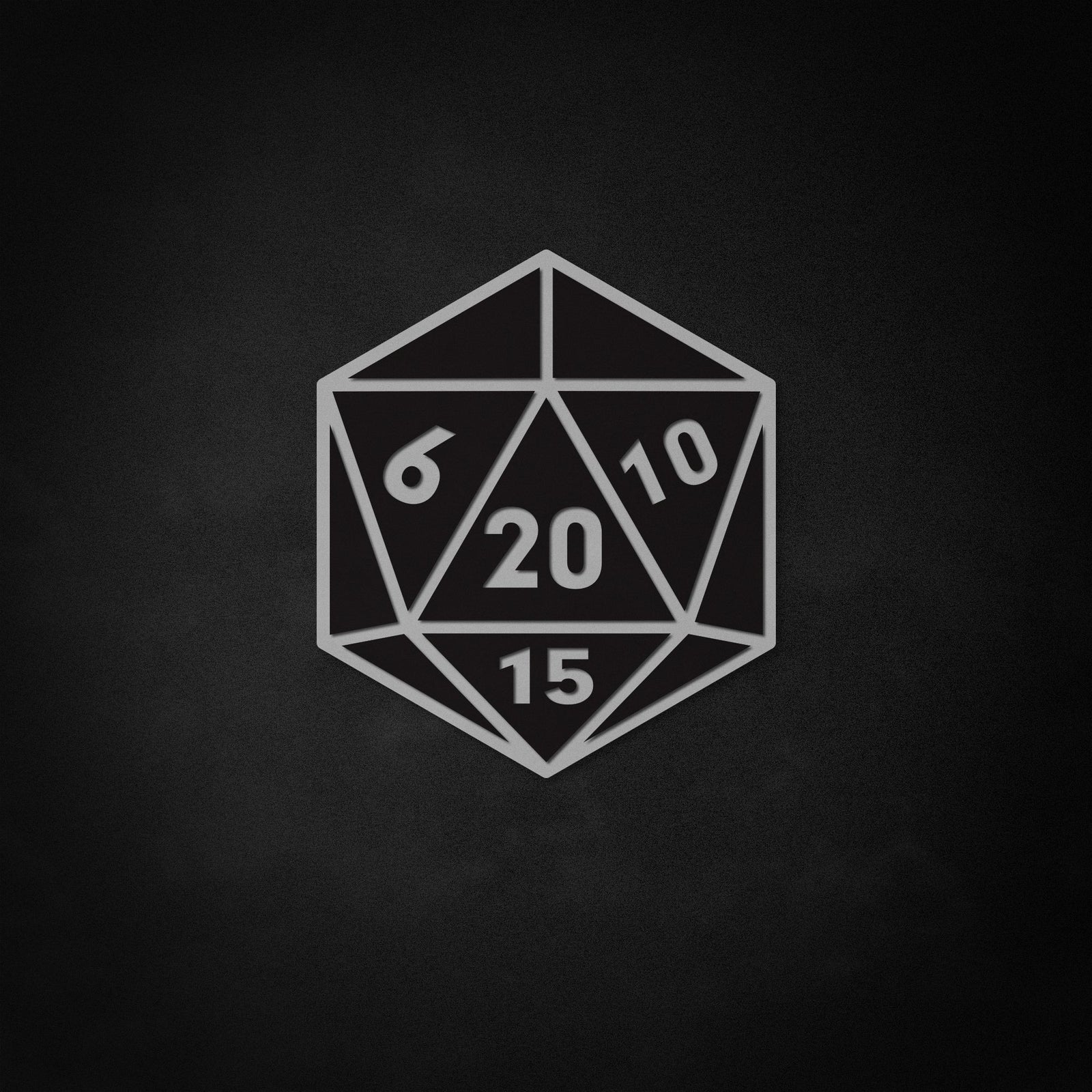 Flat graphic illustration of a 20-sided die with visible numbers, showing the classic design used for the neon like sign.