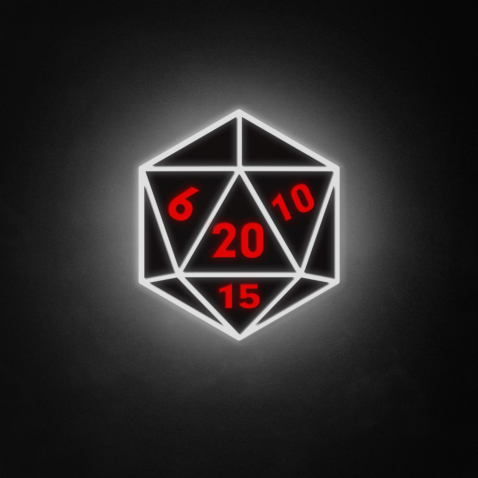A vibrant, d20-shaped LED neon like sign glowing with clean lines and numbers against a textured wall, perfect for game room decor.
