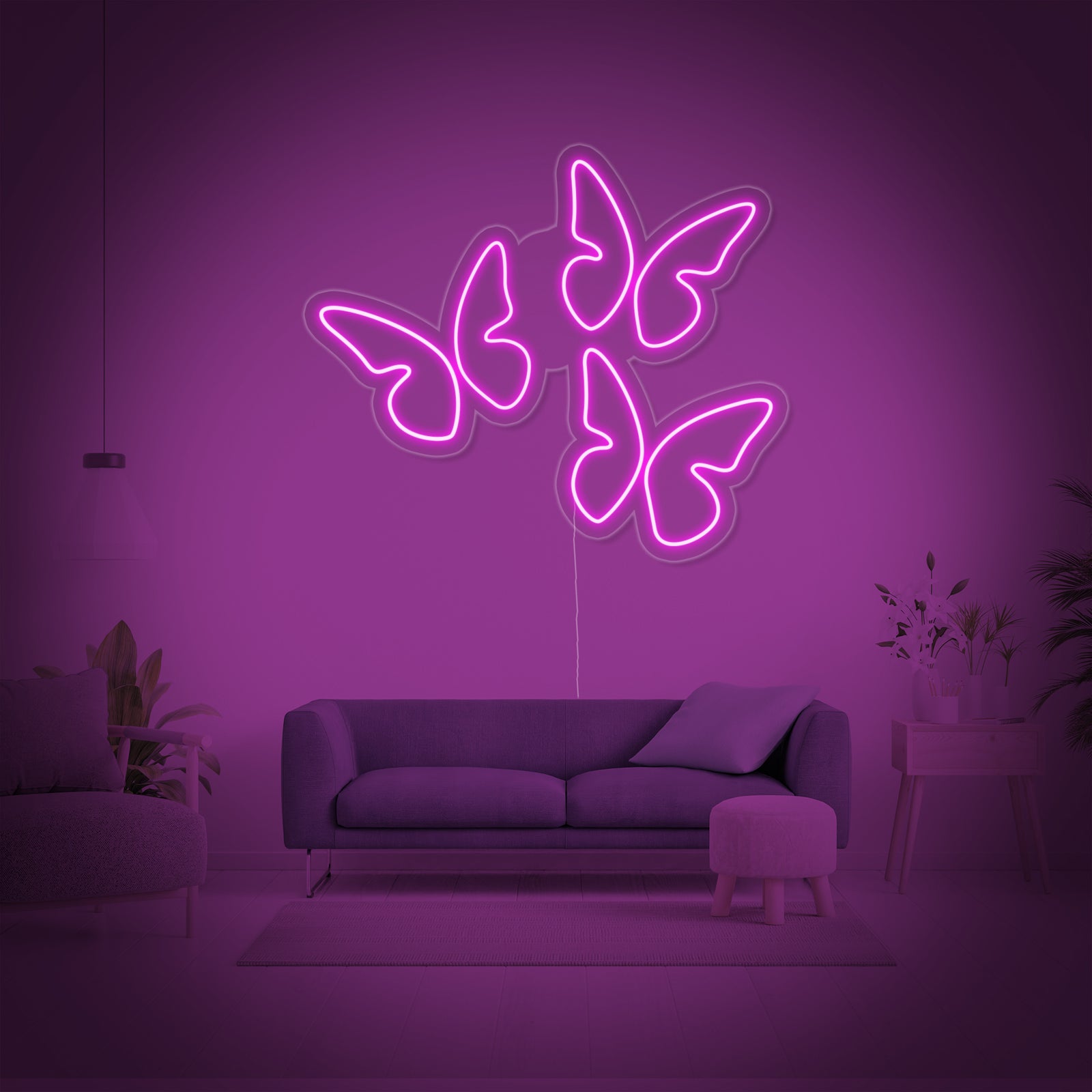 Handcrafted LED neon sign featuring three colorful butterflies, mounted on an acrylic backing, glowing with warm light.