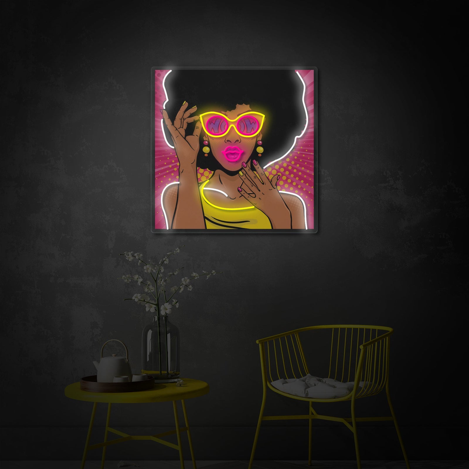 Detail view of the illuminated 50's African American Girl Pop Art UV Print LED Neon Sign, emphasizing the printed detail and glowing pink outline.