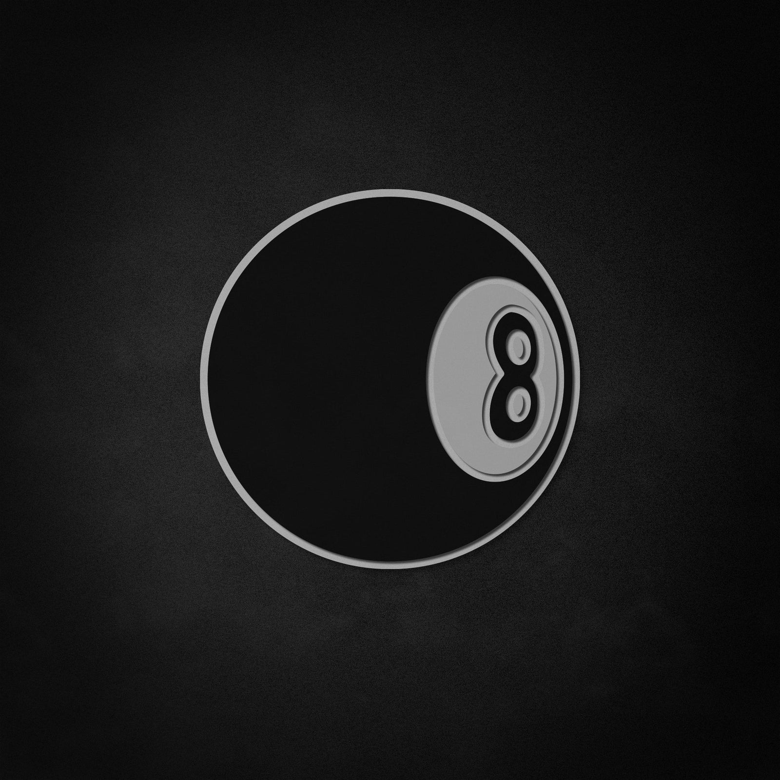 A flat graphic design of an 8 ball neon sign against a gray textured background.