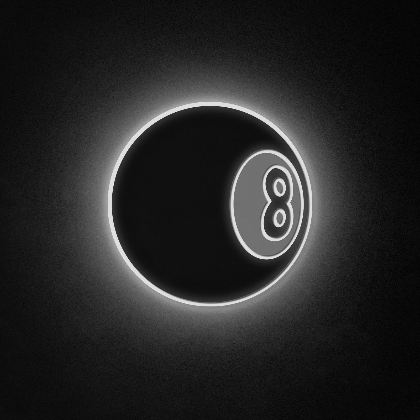 A glowing 8 ball neon-style sign displayed on a dark brick wall in a pool room setting.