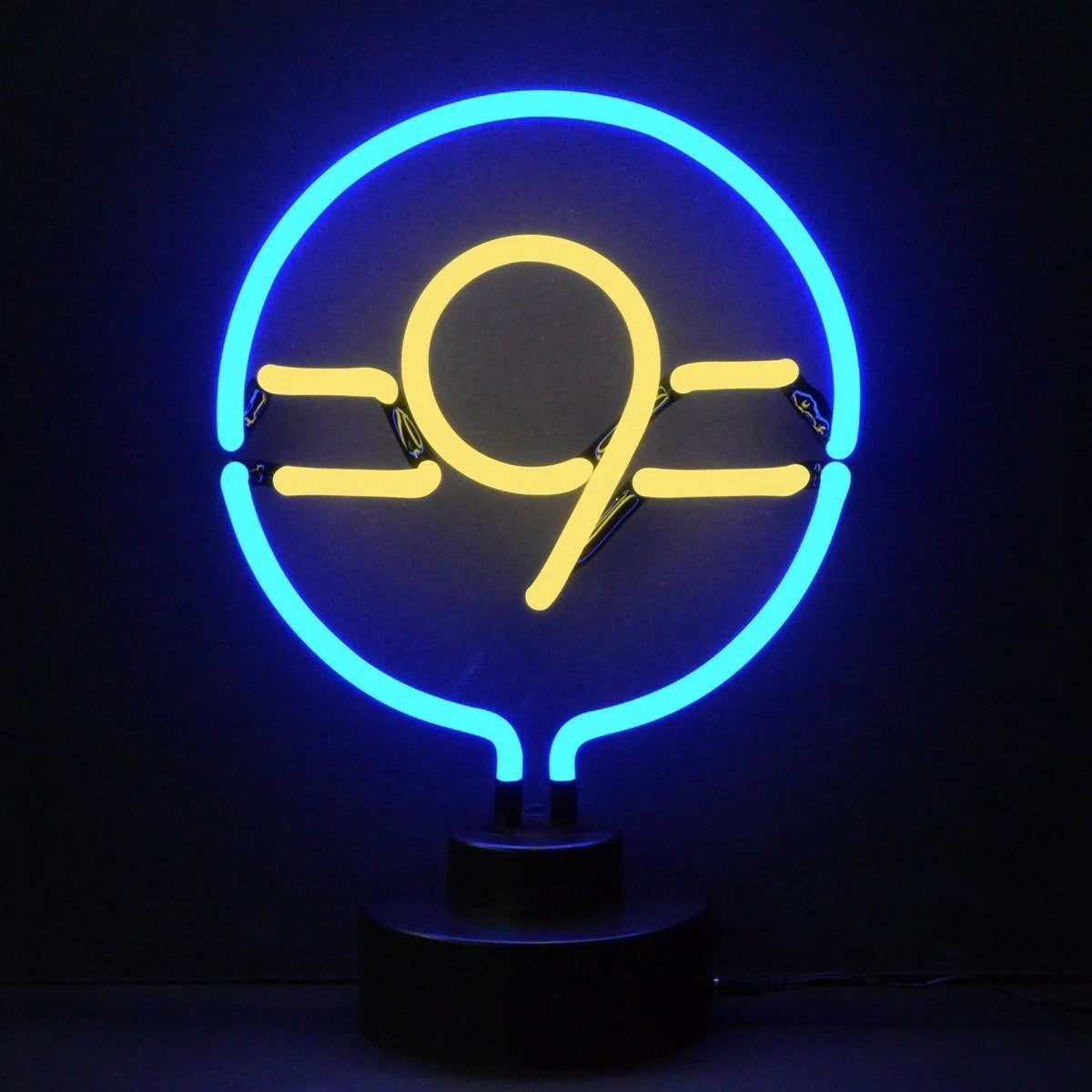 A glowing 9 Ball Billiard neon sign on a black base, featuring a yellow ball with black stripe and number.