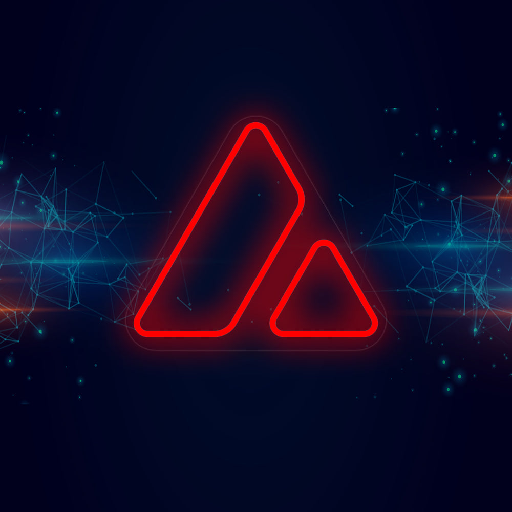 The official luminous Ava Labs AVAX logo graphic centered on a network background