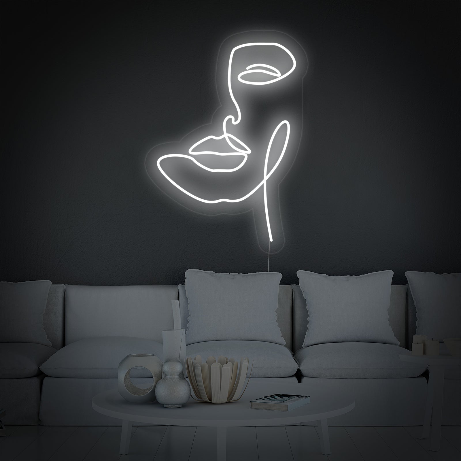 Close up of abstract women face neon sign glowing in white light