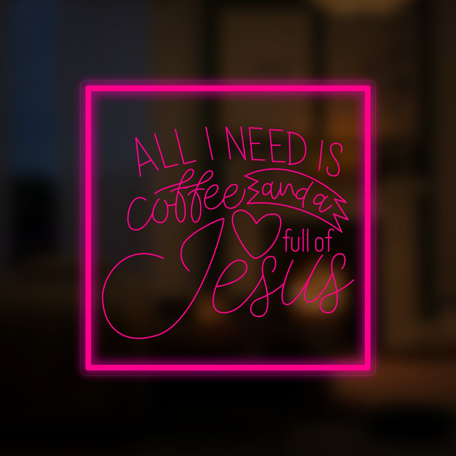 A digital mockup of a pink 'All I Need is Coffee and a Heart Full of Jesus' neon sign on a blurred wall.