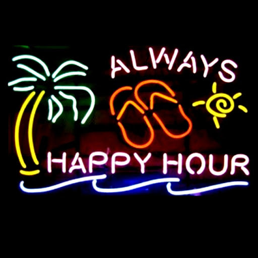 Real glass tubing of the Always Happy Hour neon sign glowing pink on a dark brick wall backdrop.