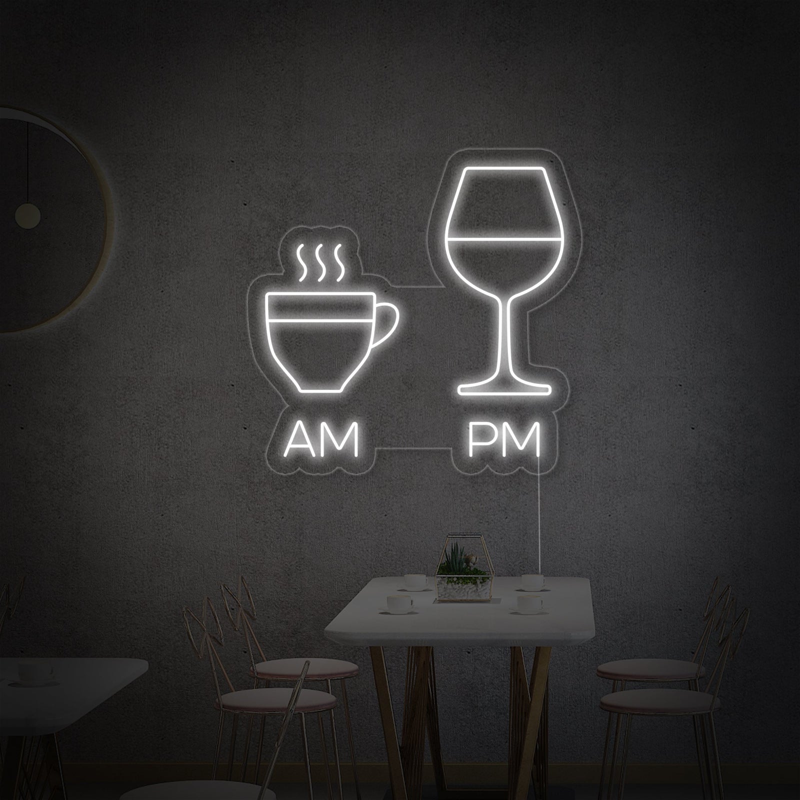 Close-up detail of the Am Coffee Pm Wine neon sign mounted on an acrylic backer