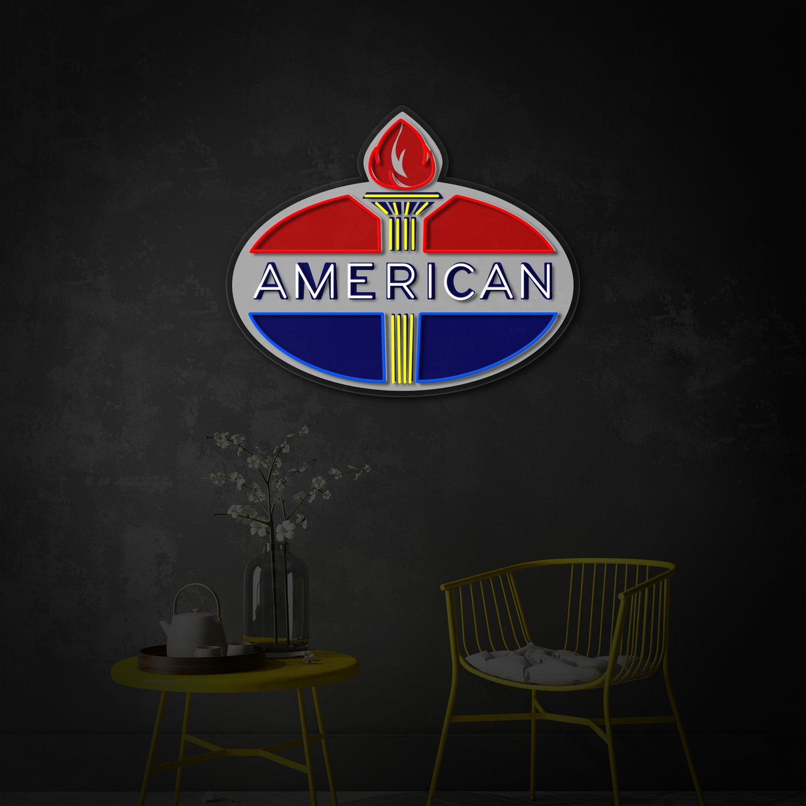 A direct close-up view of the American Gasoline Logo neon sign, highlighting the shield design and the glowing neon tubing against the printed background.