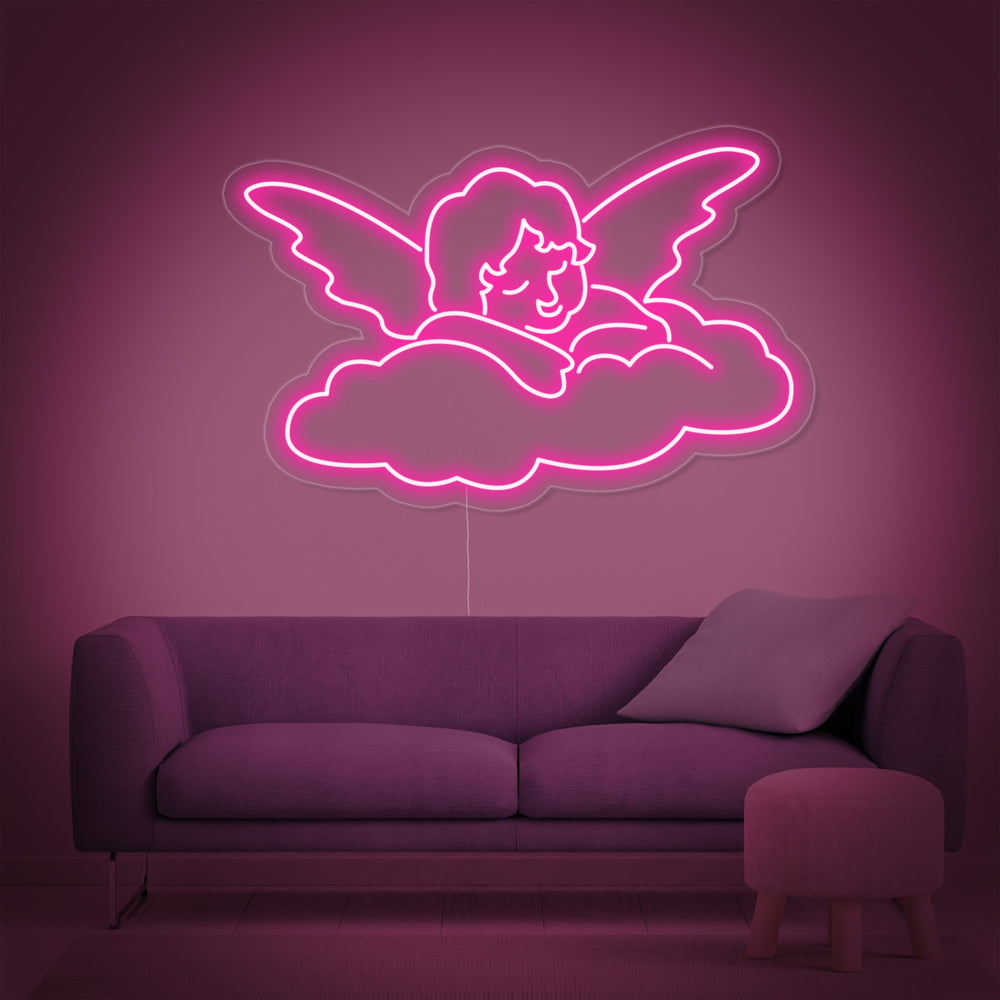 Closeup of Angel Baby neon sign design on a white background.