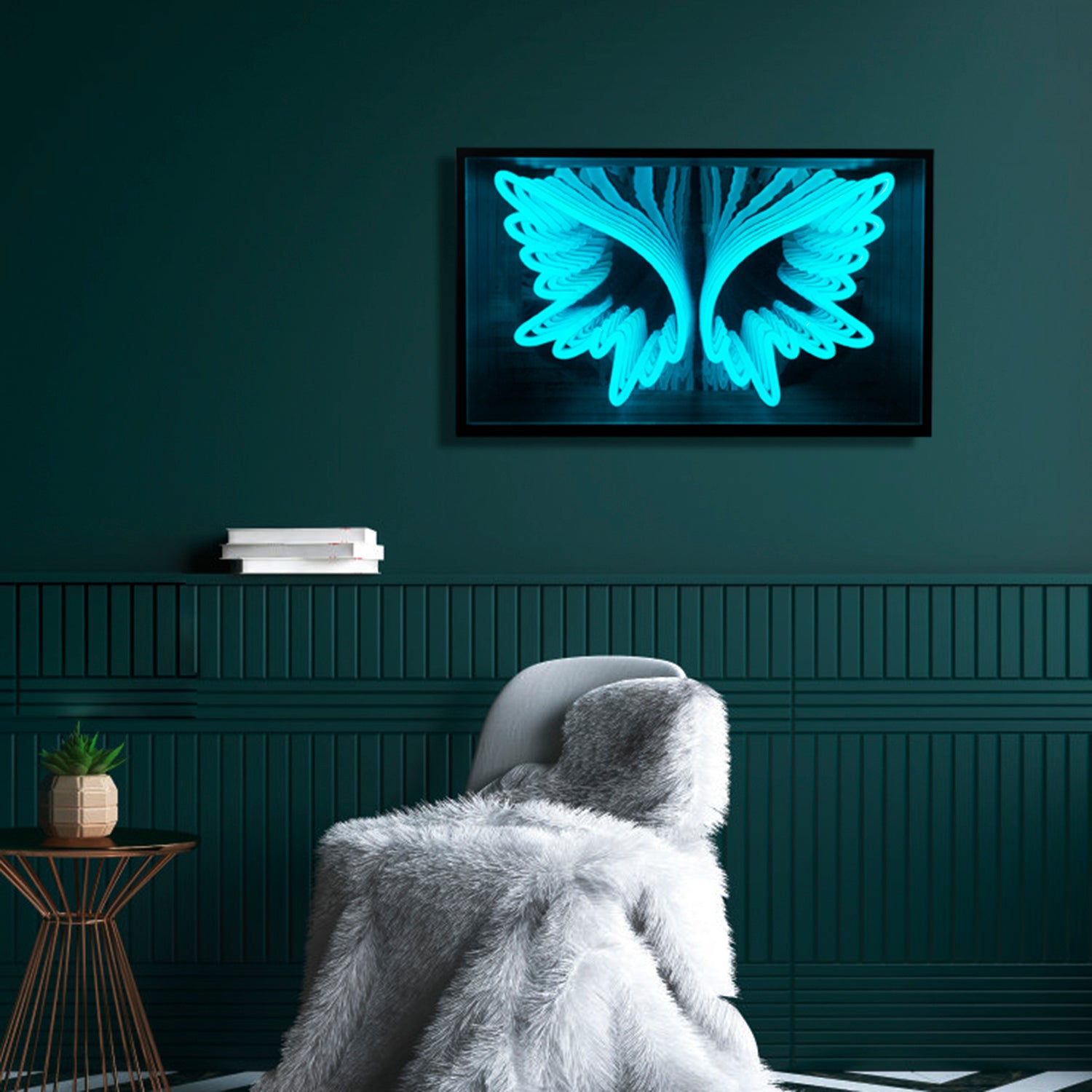 Close-up detailed view of the 'Angel Wings' design within the 3D infinity neon sign, highlighting the infinite light tunnel illusion.