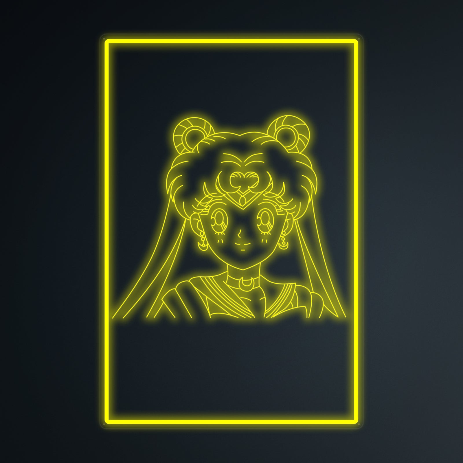 Glowing neon sign on a dark gradient background displaying a stylized full-body portrait of Sailor Moon in her signature pose with moon wand, featuring clean light tubes.