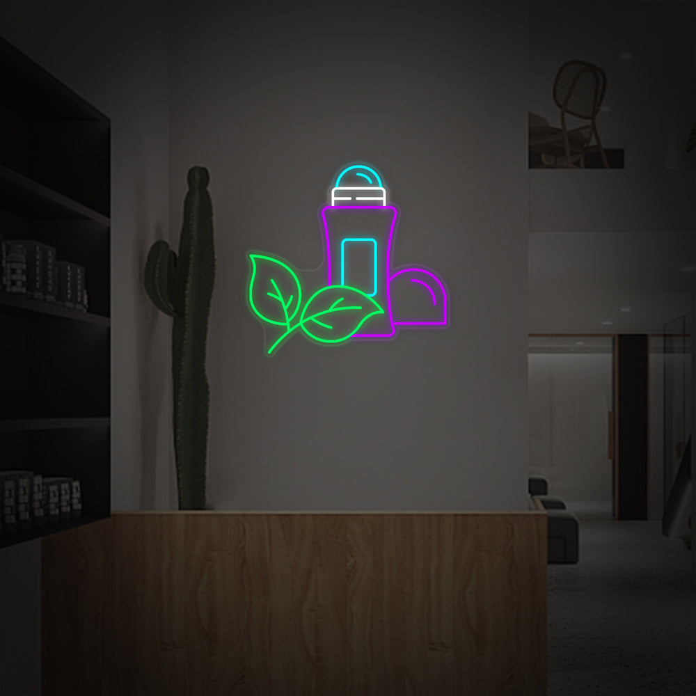 Flat design graphic of the 'Antiperspirant Beauty Shop' text rendered as a glowing neon sign style.