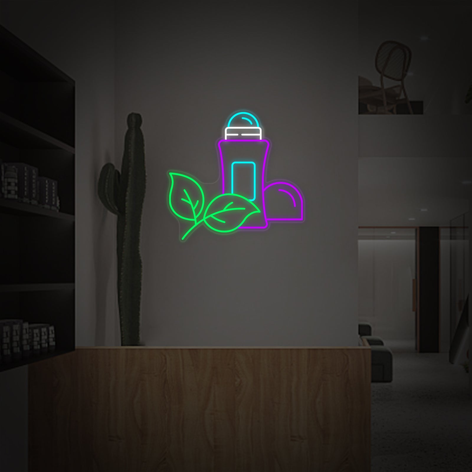 Flat design graphic of the 'Antiperspirant Beauty Shop' text rendered as a glowing neon sign style.