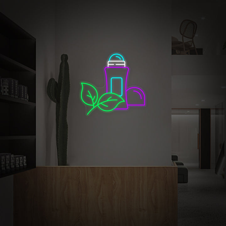 Flat design graphic of the 'Antiperspirant Beauty Shop' text rendered as a glowing neon sign style.