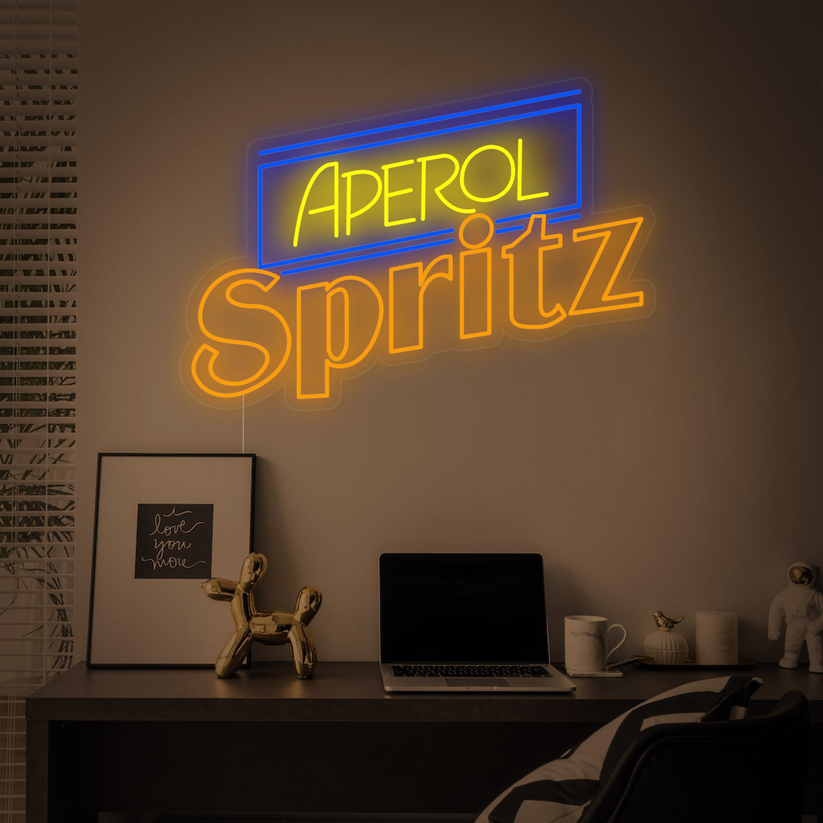 Detail view of the illuminated orange and white 'Aperol Spritz Bar' neon sign mounted on a brick wall.