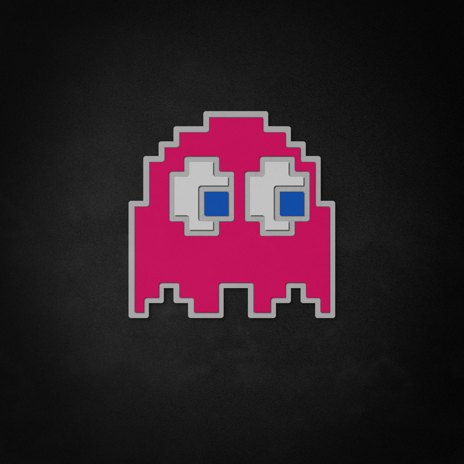 Close-up illustrative design of a blue pixelated arcade ghost neon sign.