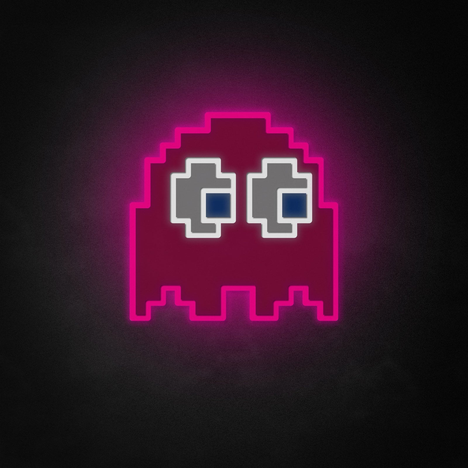 Pixel art style arcade ghost neon sign design showing a blue ghost glowing against a dark textured background.