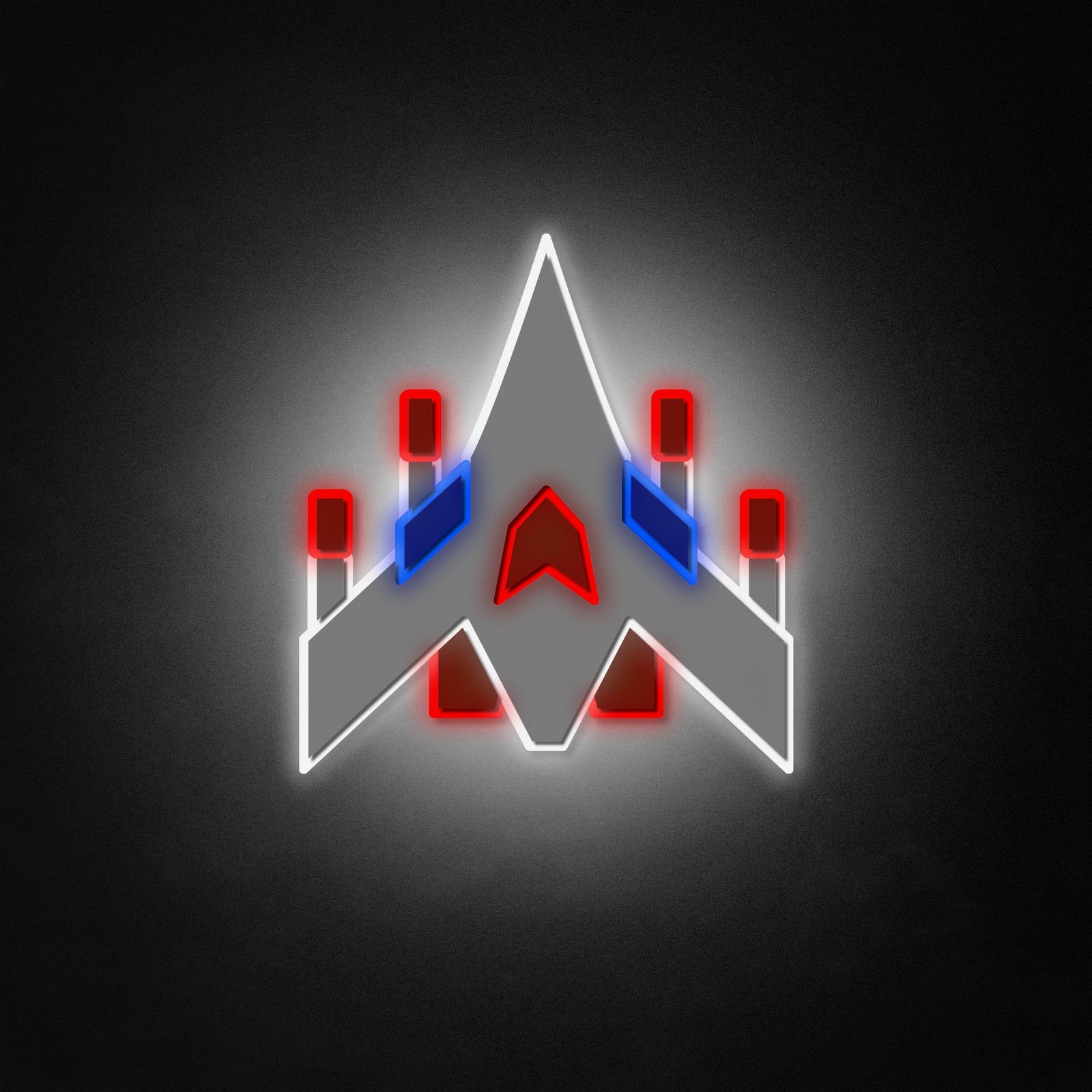 Arcade Space Ship neon-like sign glowing with retro spaceship design and bold colors on a dark background.