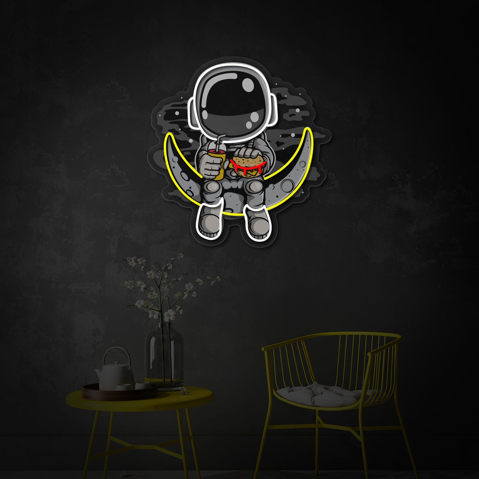 Close-up of Astronaut Burger neon sign showing glowing tubes and printed details