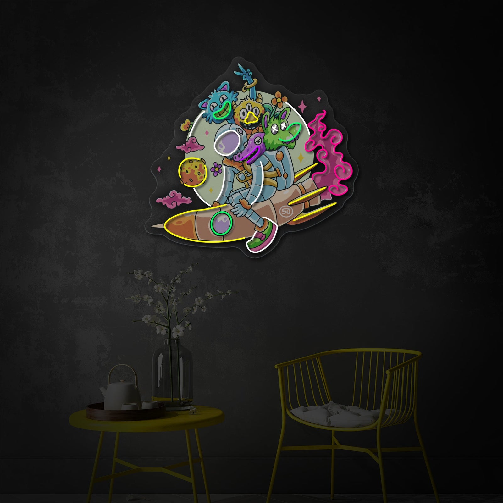 An angled shot highlighting the visual impact of the Astronaut Spaceman neon sign within a modern room setting. The sign glows brightly against the wall, showcasing the fusion of vibrant LED neon lines defining the astronaut and the intricate, high-definition UV printed graphics. The colorful cosmic theme and astronaut illustration are clearly visible.