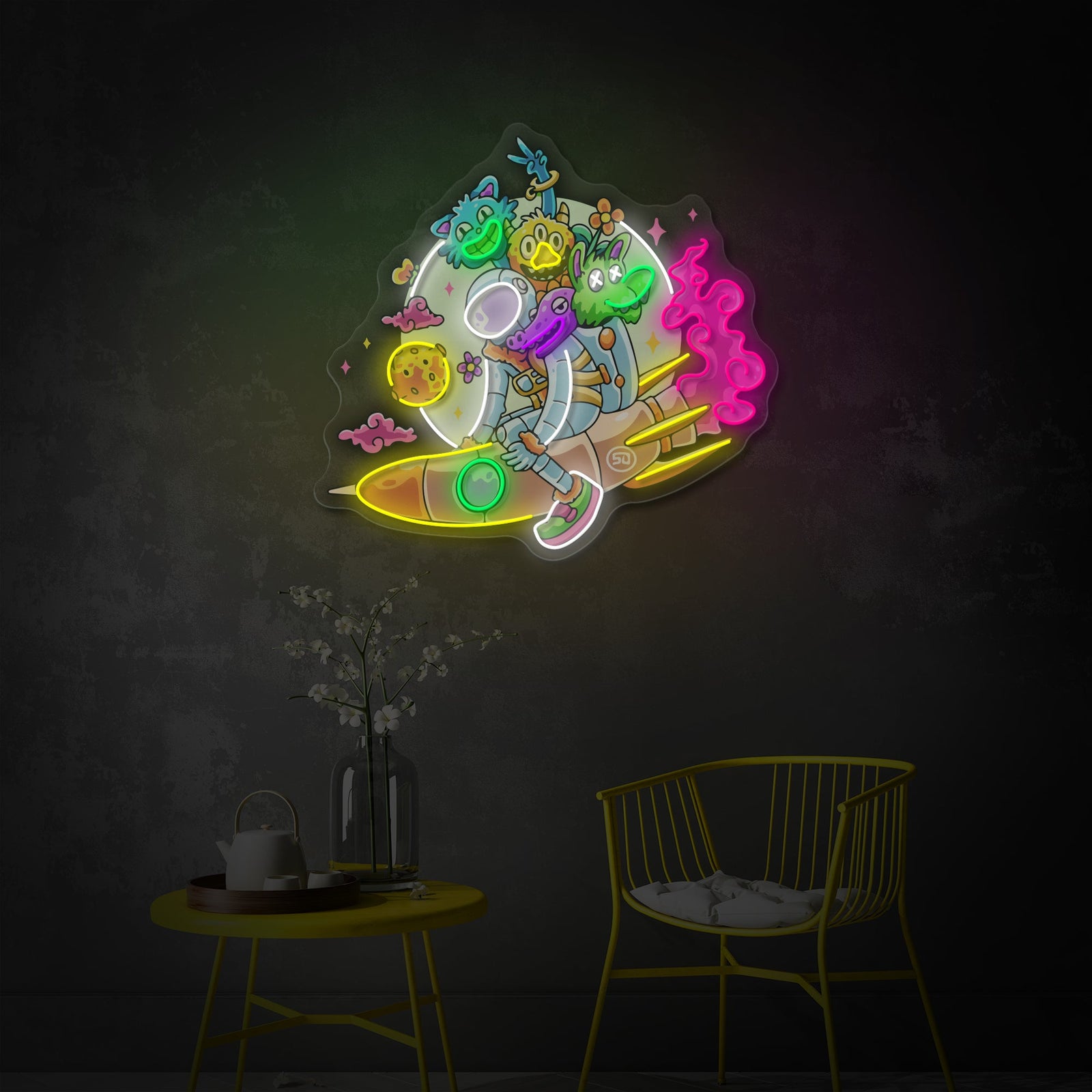 A detailed view of the Astronaut Spaceman UV print neon sign, mounted on an indoor wall. The sign shows a detailed illustration of an astronaut in a spacesuit with white and blue neon outlines and accents. The UV printed background adds depth and texture to the space-themed artwork, featuring subtle star details.