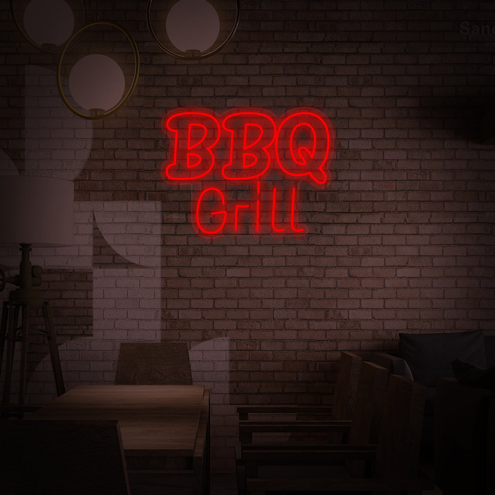 Graphic design representation of the BBQ Grill neon sign against a contrasting background.