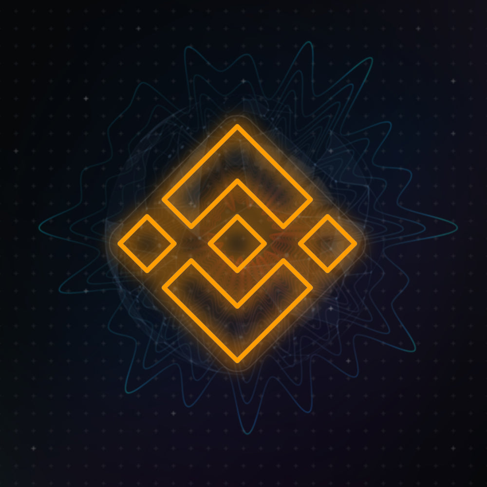 Digital rendering of the yellow and white BNB Binance neon sign graphic.