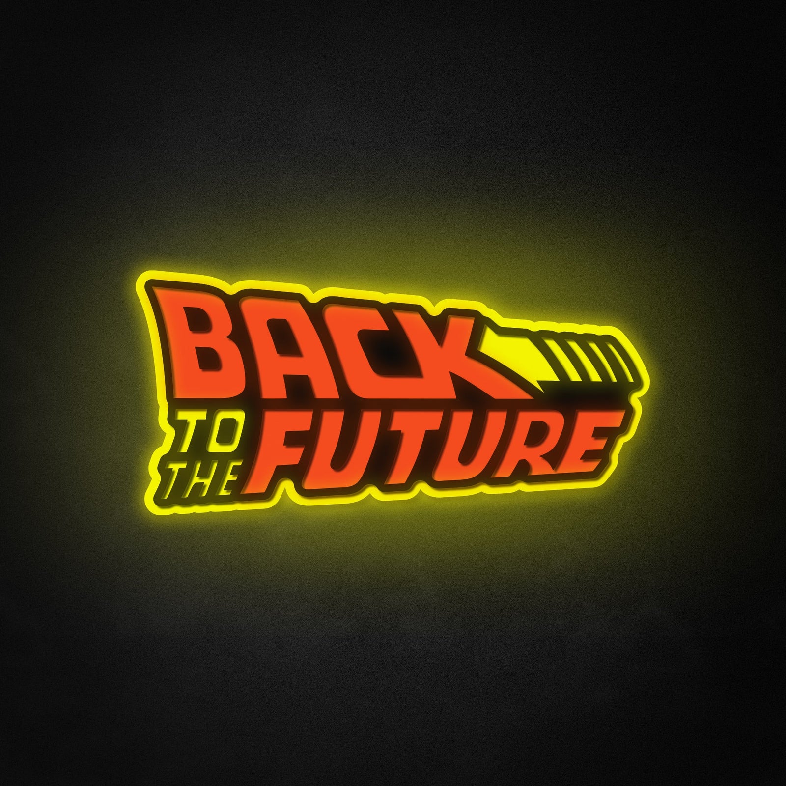 A graphic representation of a 'Back to the Future 1985' themed neon-style sign with an illustrative glow, on a dark textured background.