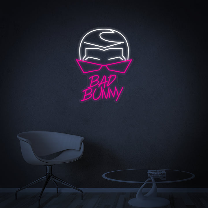 Close-up detail of the Bad Bunny Singer Rapper neon sign design, highlighting the glow and custom lettering.