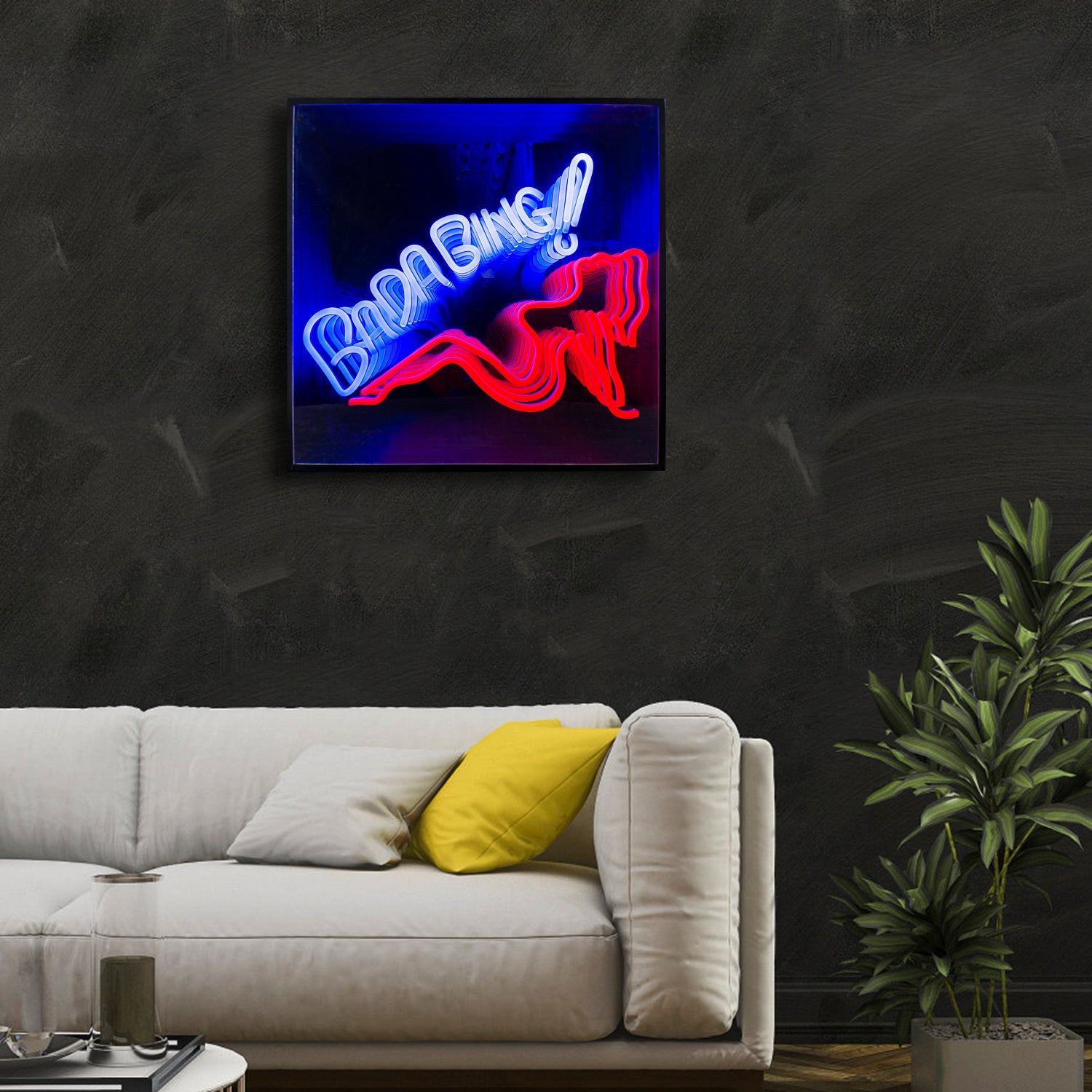 The Bada Bing 3D infinity neon sign, turned off, showing the complex internal mirror structure and stacked LED light strips that create the visual depth.