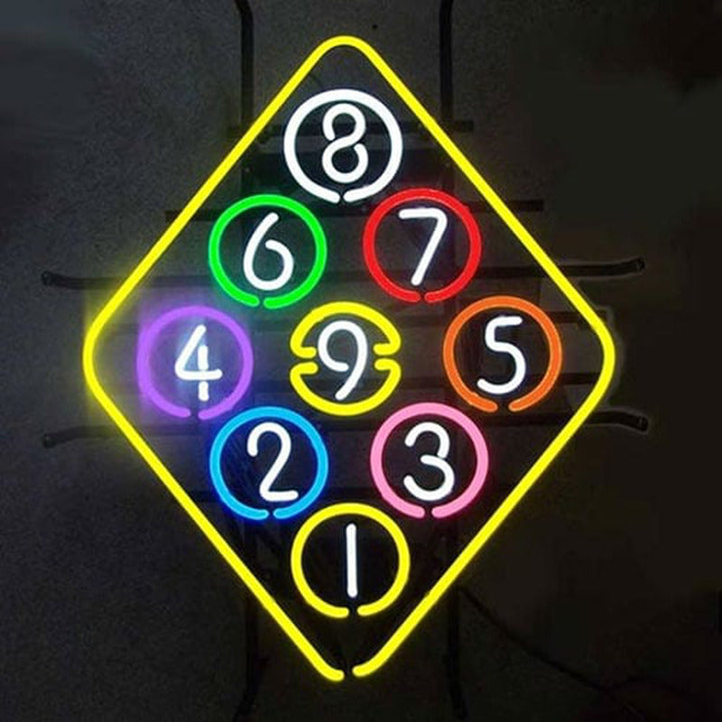 A high-quality neon sign depicting a classic number 8 billiard ball with distinct glass tube structures and visible electrodes, shown against a simple black background.