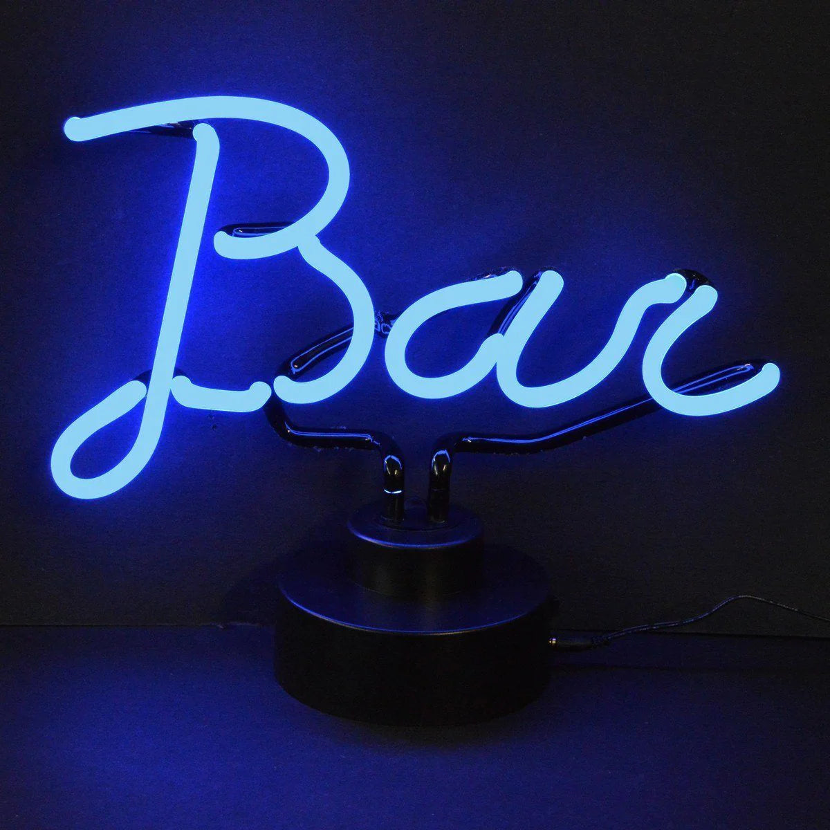 Real glass neon tube sign spelling 'Bar' in script font mounted on a sturdy black base, emitting a warm glow on a plain background.