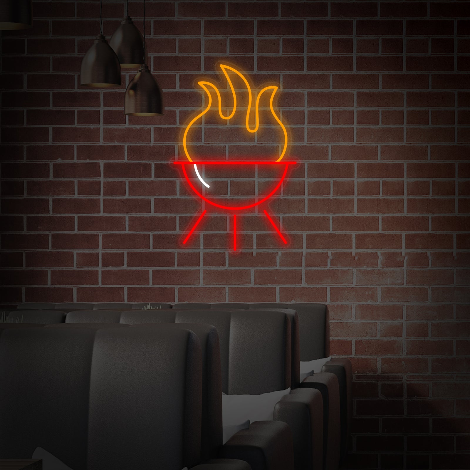 Flat graphic illustration of a 'Barbecue Grill' neon sign design with smoke rising, shown against a blurred bar and restaurant background.