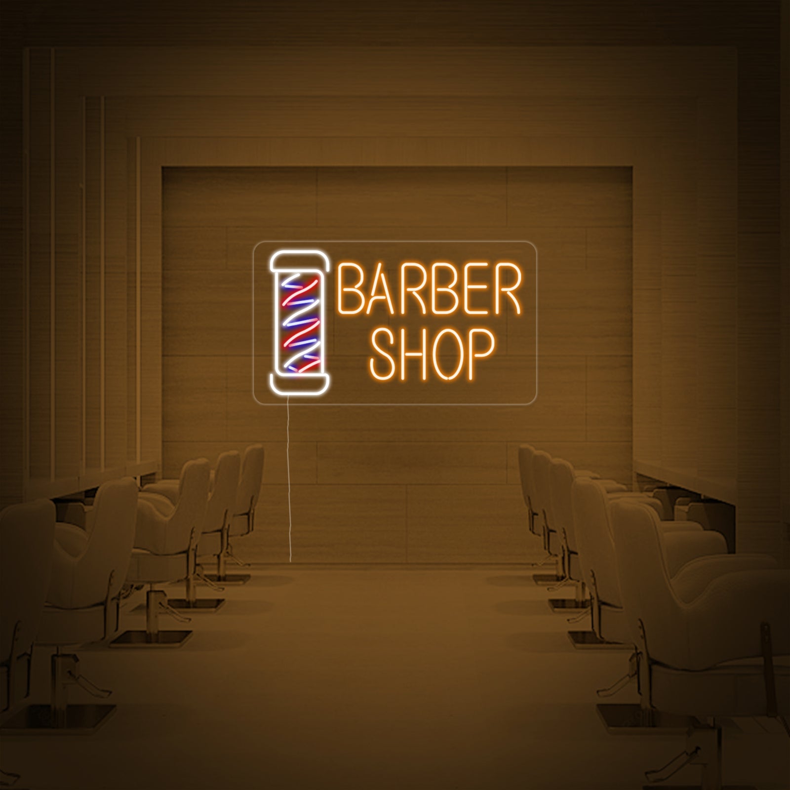 A close-up photograph of the 'Barber Shop' neon sign showcasing the detailed craftsmanship, glowing neon tubes, and clear mounting backboard against a stylish interior background.