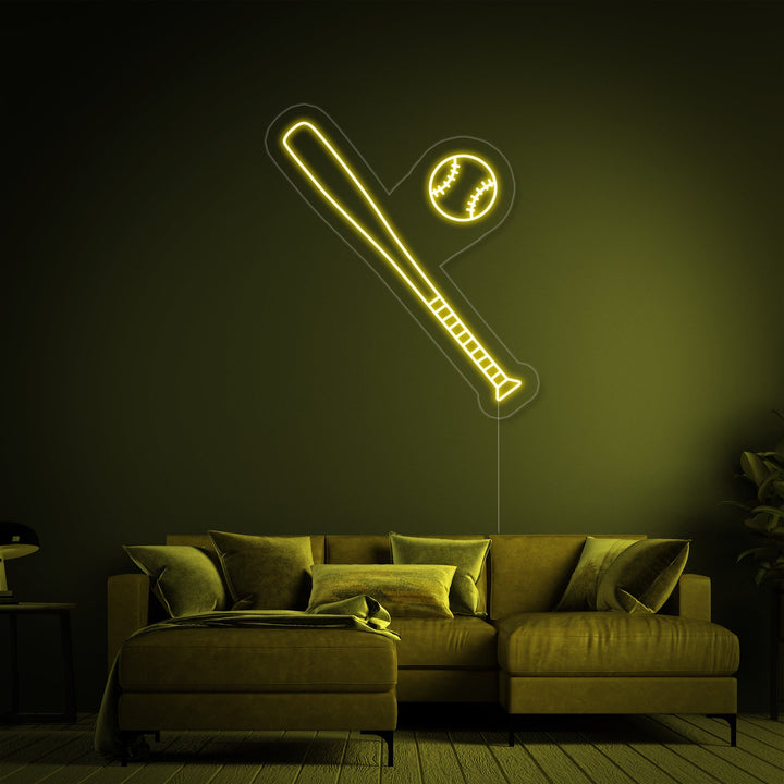 The 'Baseball Bat Ball' neon sign glowing brightly in a dim room with a sleek, minimalist aesthetic.