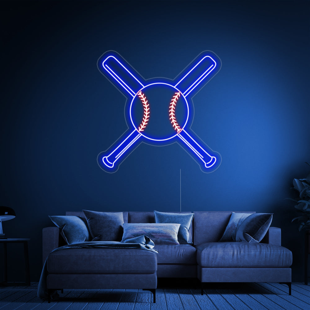 Digital mockup of a neon sign showing the outline of crossed baseball bats and a ball in orange light against a black background.
