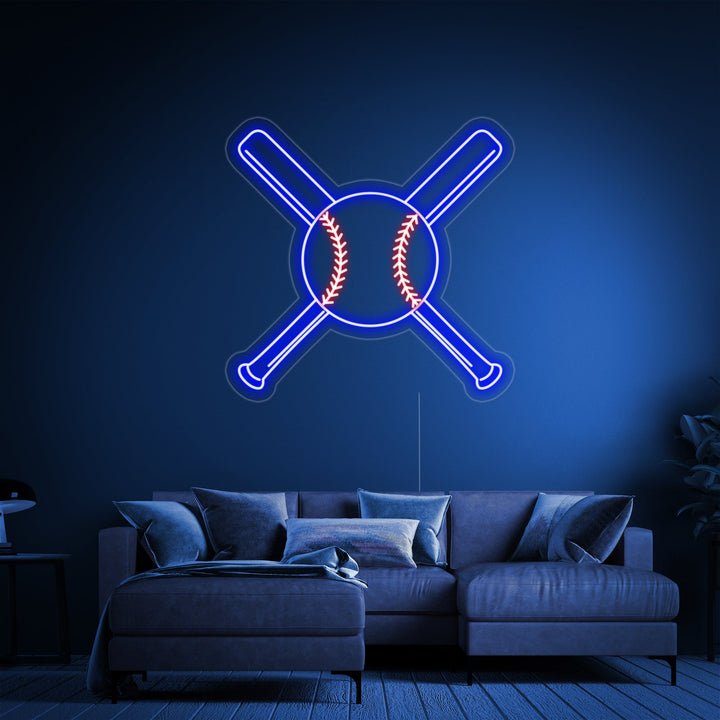 Digital mockup of a neon sign showing the outline of crossed baseball bats and a ball in orange light against a black background.