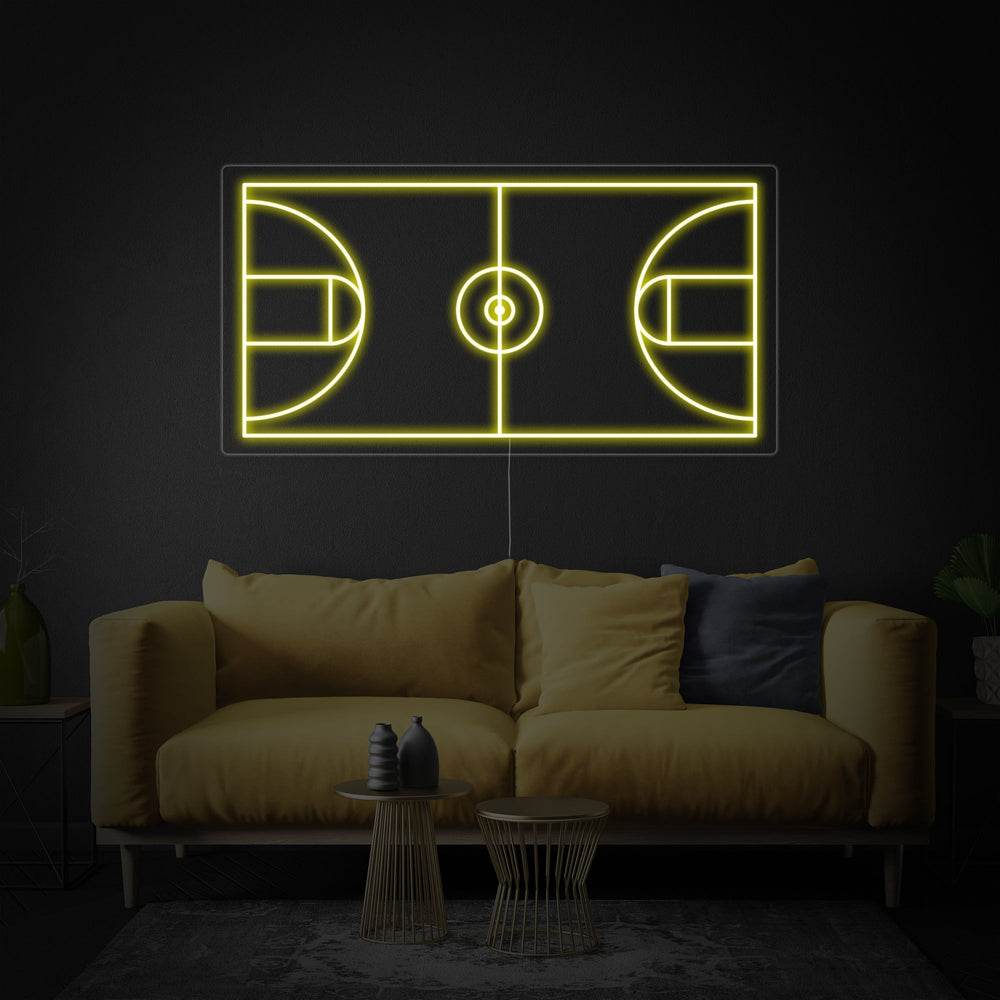 A basketball court neon sign showing the tubing detail and backboard
