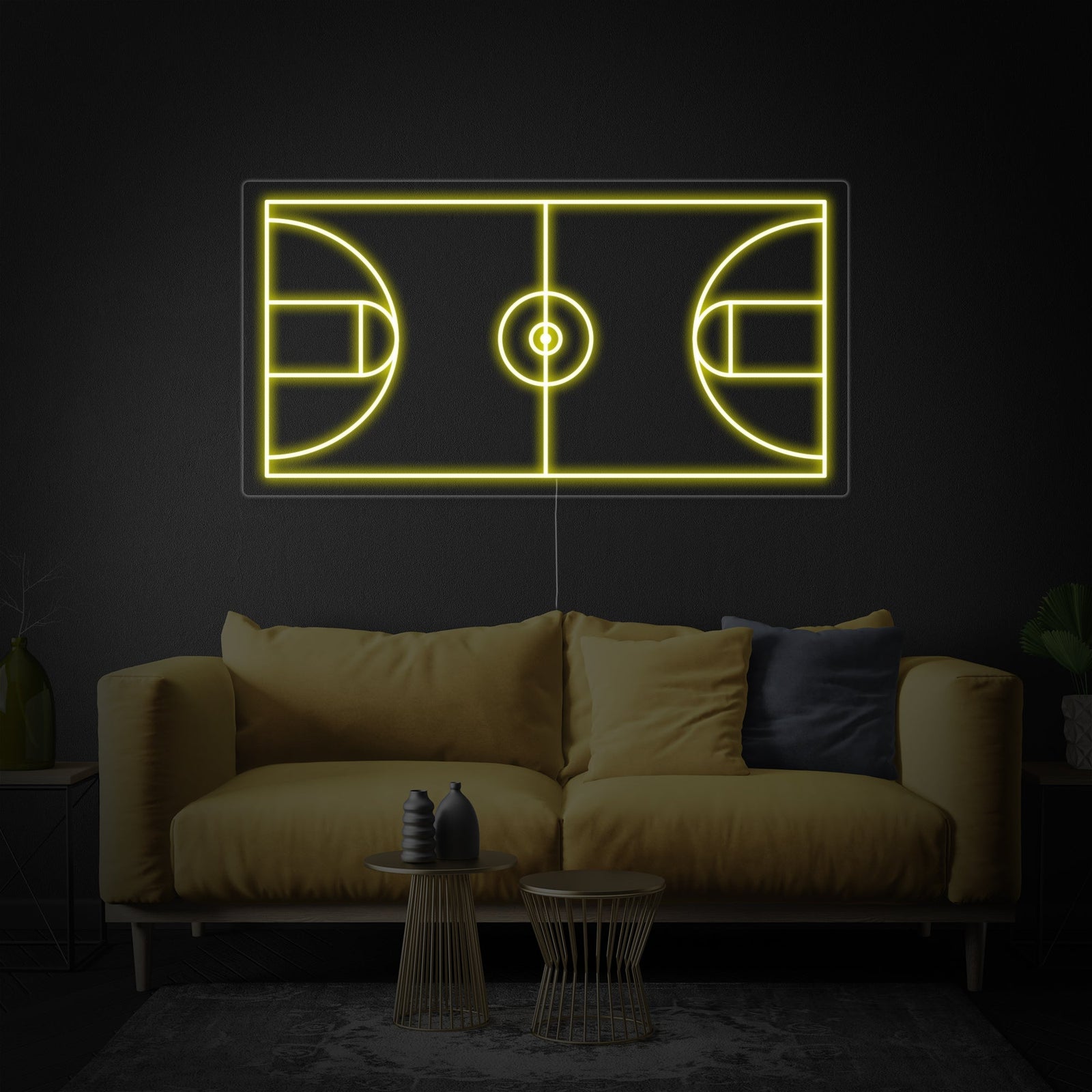 A basketball court neon sign showing the tubing detail and backboard