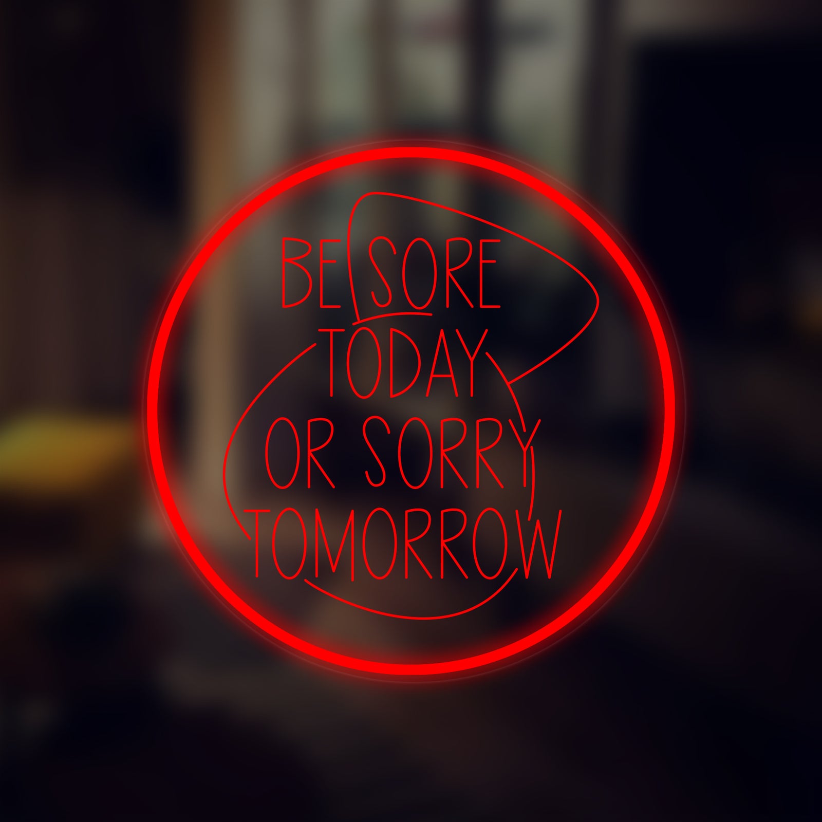 Dimmable 'Be Sore Today or Be Sorry Tomorrow' mini neon sign glowing brightly in a home gym setting.