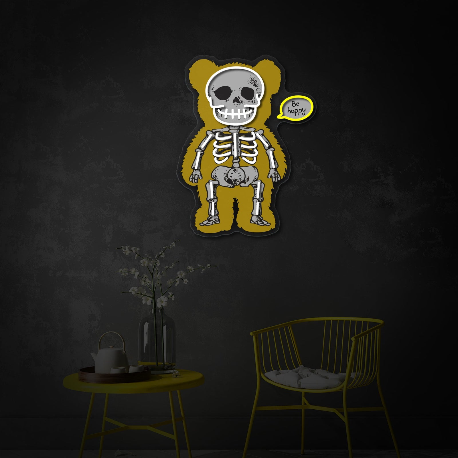 A detailed graphical illustration of a stylized bear skeleton figure, with white outlines and light blue internal bone structures, including a speech bubble containing the words 'Be happy'.