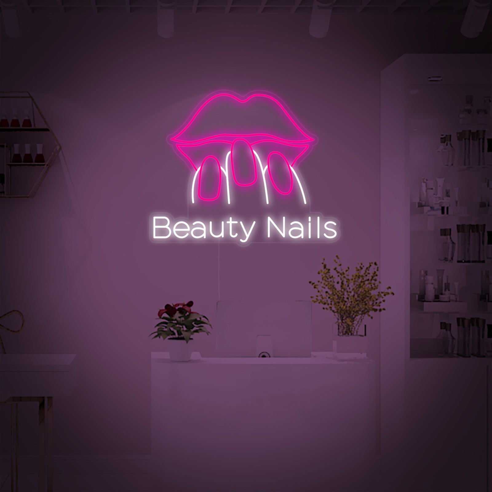 A glowing "Beauty Nails" neon sign in pink and white fonts, mounted on a dark background showing physical tube details and a clear backing.