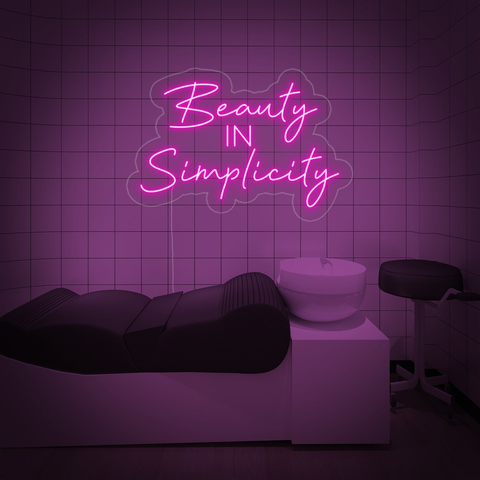 A close-up view of the 'Beauty in Simplicity' neon sign, showing the detailed craftsmanship of the illuminated tubing and the clear acrylic backer, with subtle mounting wires visible against a plain background.