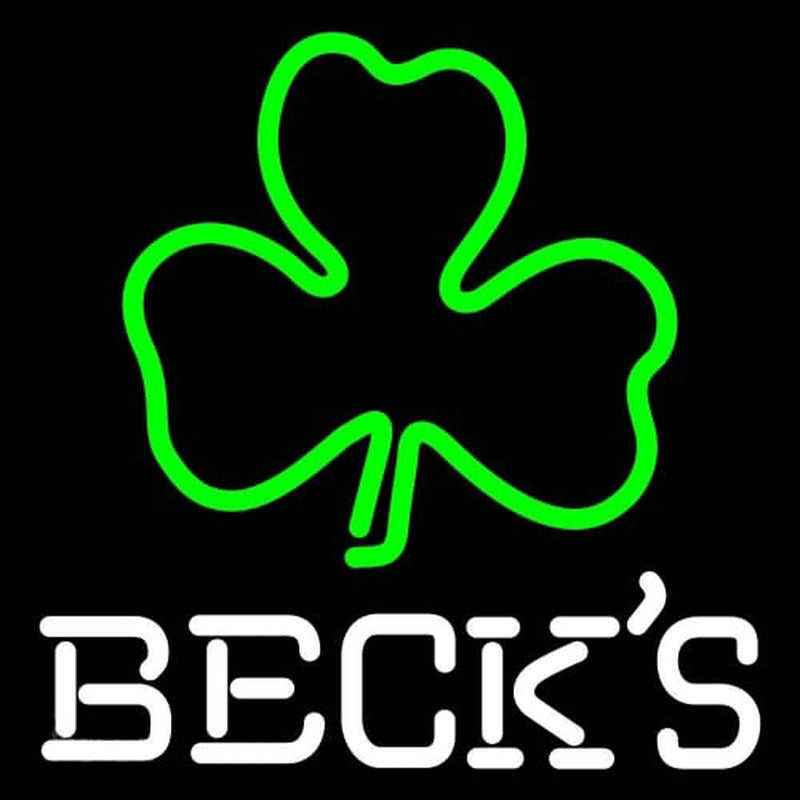 A glowing neon sign featuring the classic Becks beer logo and a green clover design, ideal for bar decor.