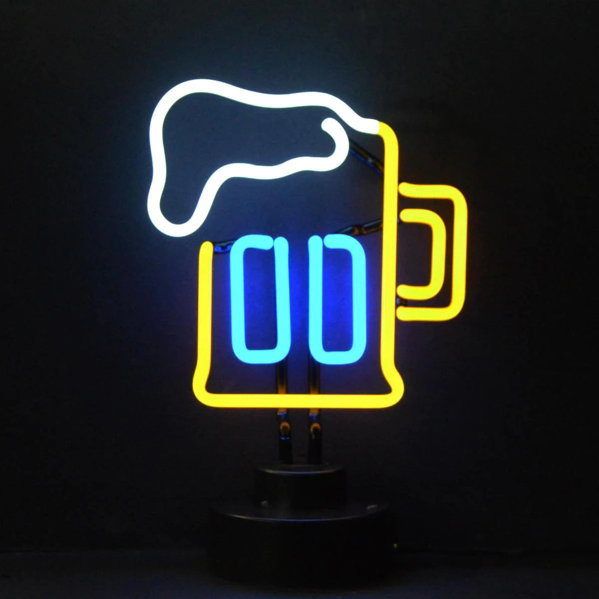 A glowing neon sign depicting a foamy beer mug, standing on a black base.