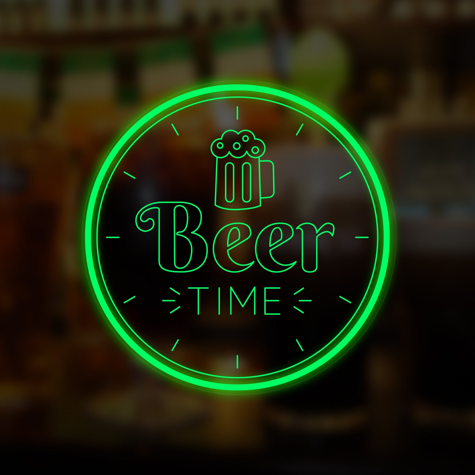 Illuminated 'Beer Time Bar' mini neon sign in white, glowing against a blurred, cozy home bar background.