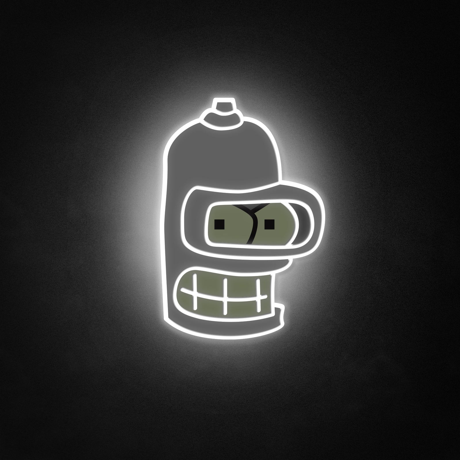 A vibrant 'Bender' neon sign, styled after the Futurama character, with bright lines creating his likeness and text below reading 'BENDER', glowing blue and white.
