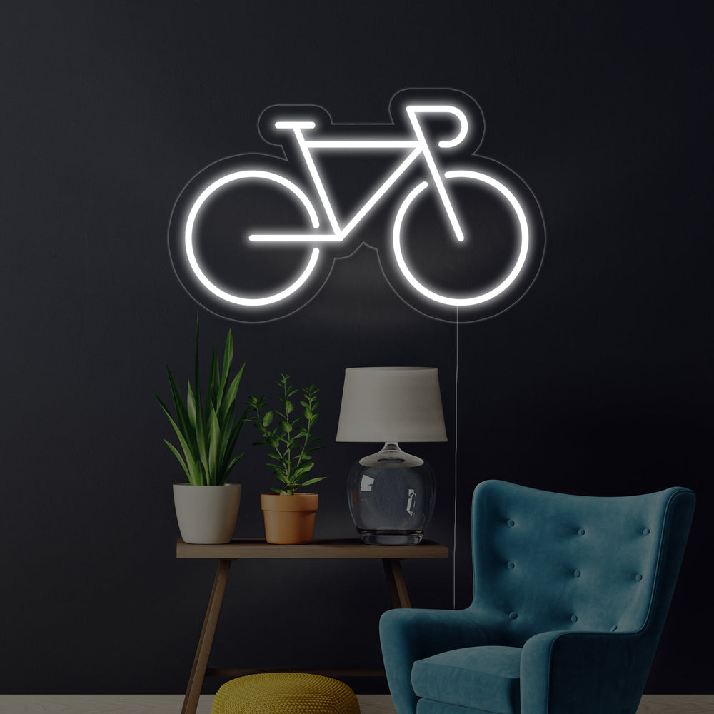 A handcrafted 'Bicycle' neon sign with realistic tube detail and clear acrylic backing, mounted and glowing.
